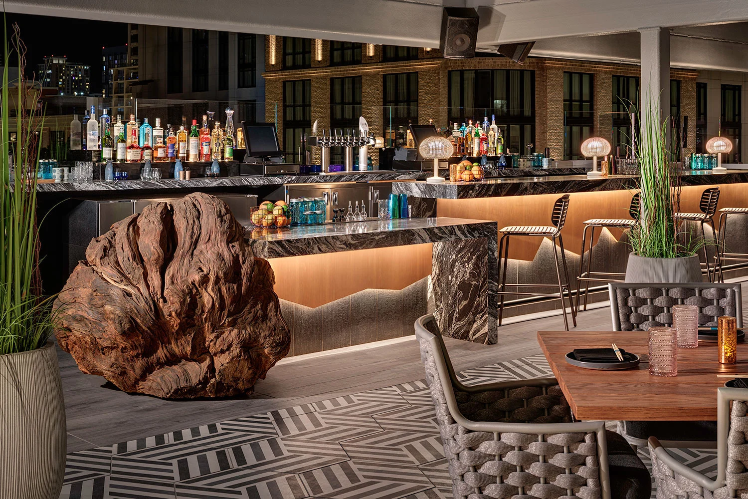 The stylish, modern interior of the Lumi rooftop bar in the Gaslamp Quarter.