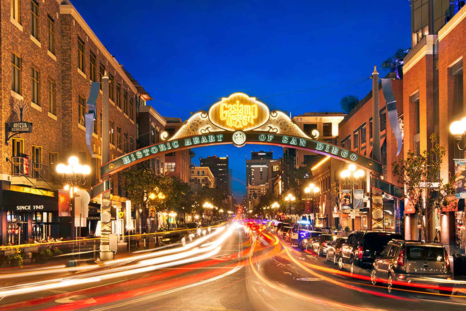 The iconic neon Gaslamp Quarter sign at dusk.