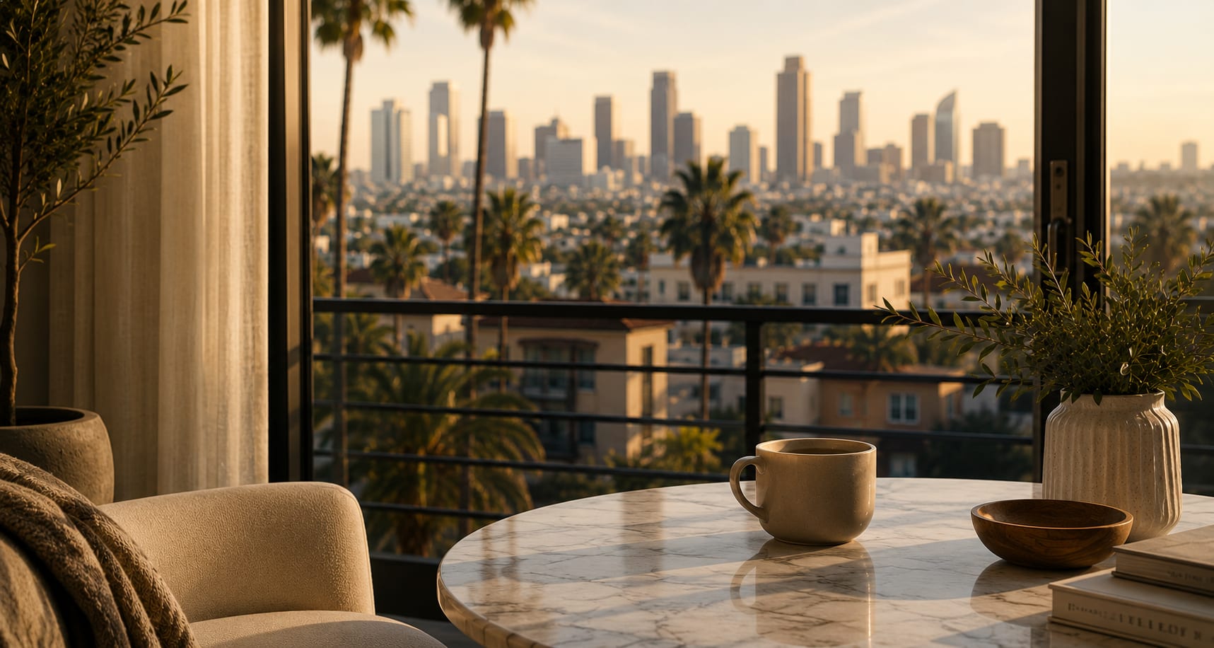 Golden-hour view over San Diego from a sunlit balcony — coffee on a marble table, palms and the city skyline beyond.