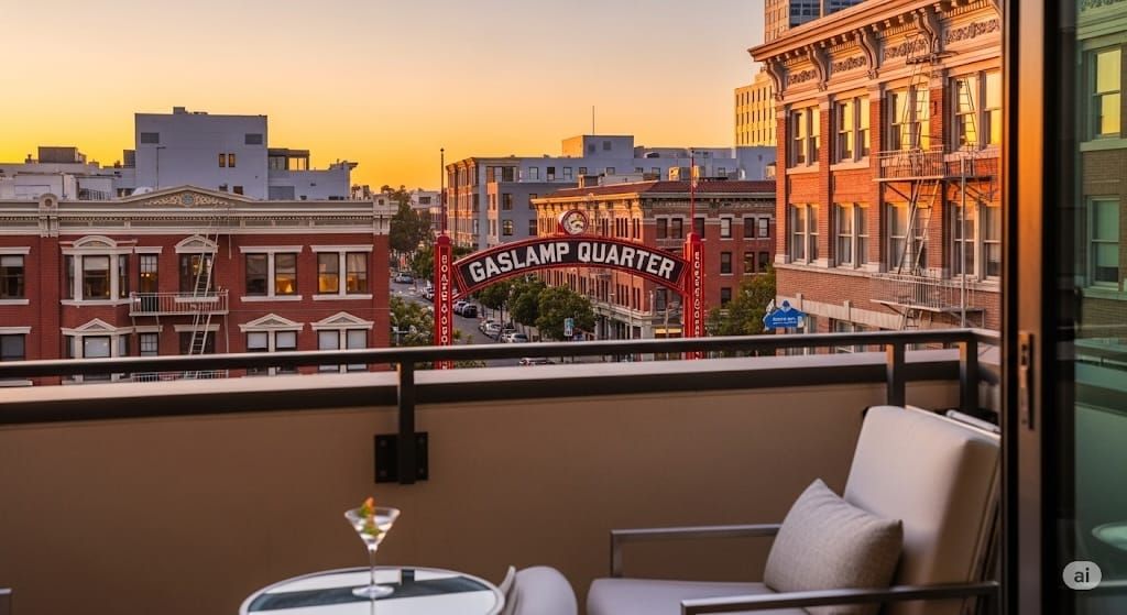 The Gaslamp Quarter sign glowing over Fifth Avenue at night