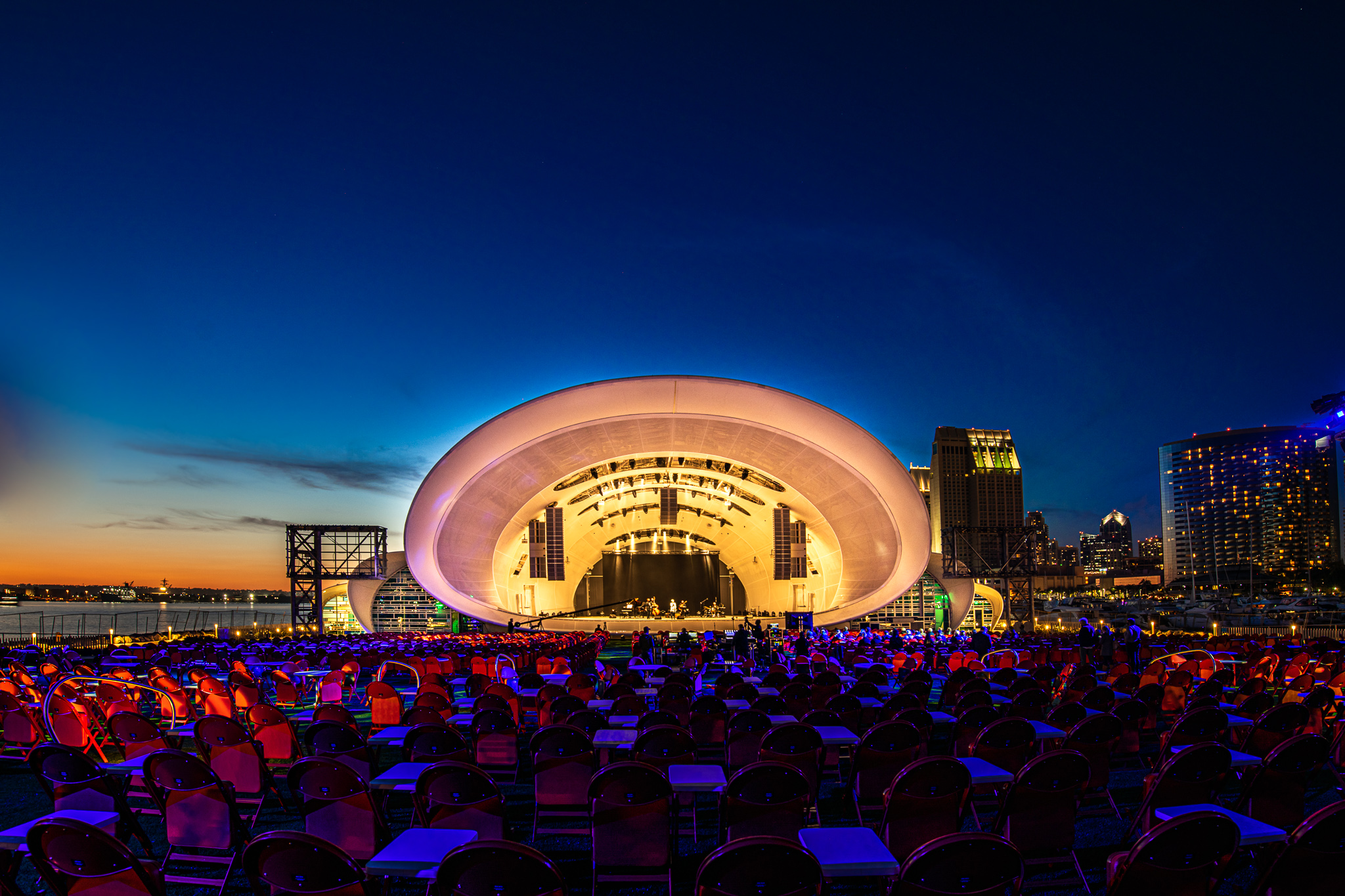 The stunning Rady Shell at Jacobs Park on the waterfront at night, lit up for a concert.